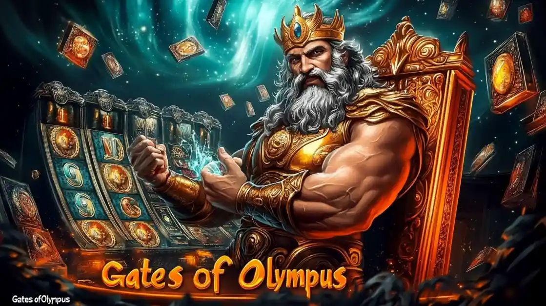 A majestic Zeus figure on a golden throne, surrounded by floating cards and a L444 slot machine, with Gates of Olympus prominently displayed, inviting players to a mythical gaming experience.