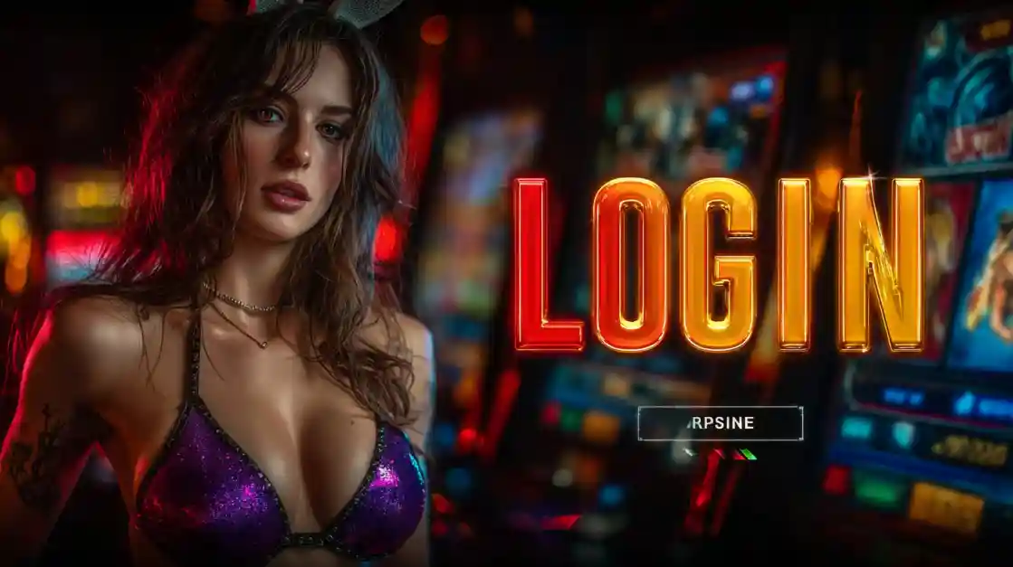 A captivating woman stands beside a LOGIN interface, with L444 slot machines softly blurred in the background, inviting users to enter the world of L444.