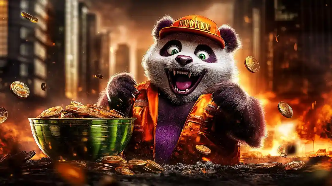 A cheerful panda character surrounded by golden coins, symbolizing wealth and good fortune with L444.