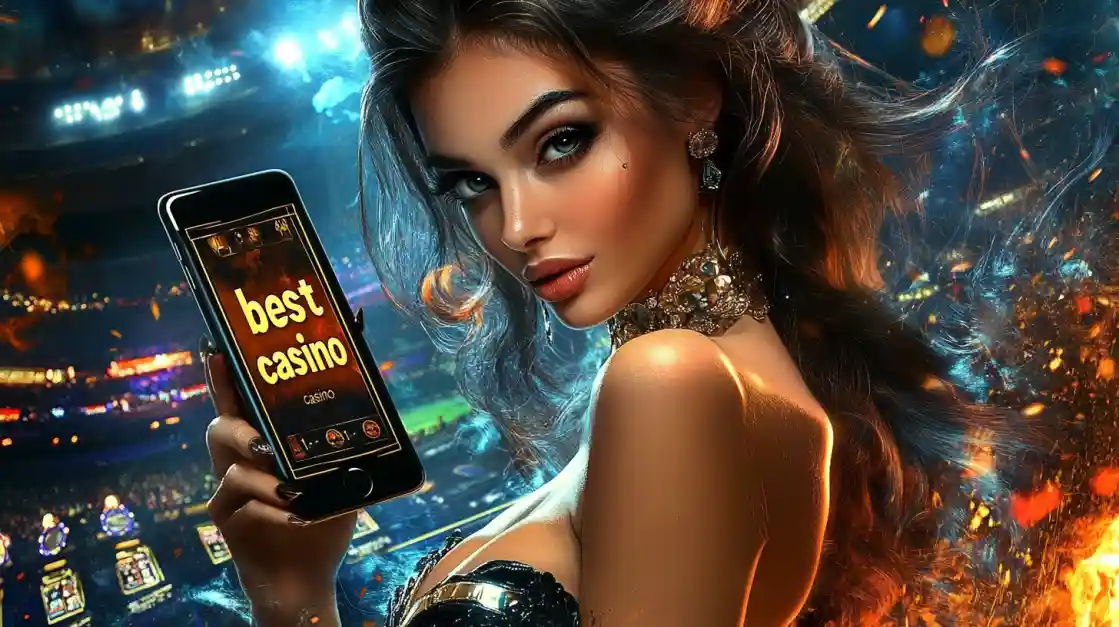 A woman holding a phone showcasing the L444 casino app in a vibrant stadium-like setting.