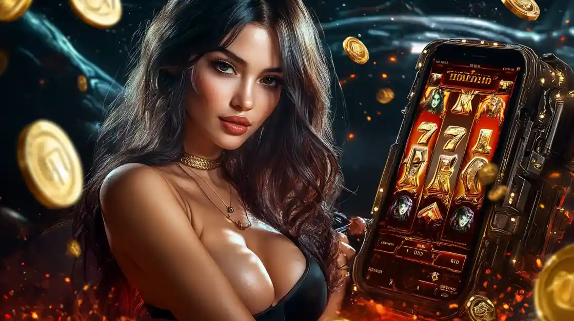 A confident woman holds a smartphone displaying a L444 mobile slot game with 777 symbols and golden coins.